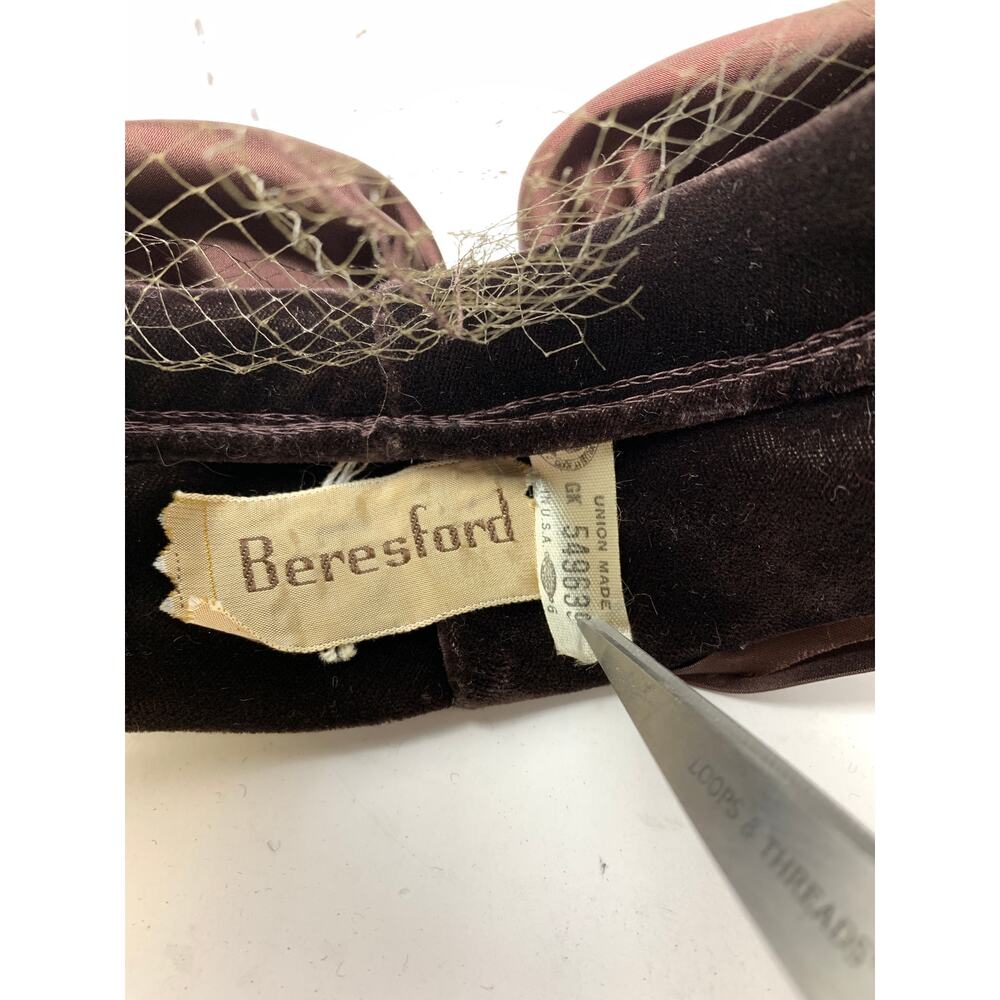 Vintage Beresford Pill Box Style Hat With Satin Bow Fur and Mesh Detail Brown - Picture 6 of 8